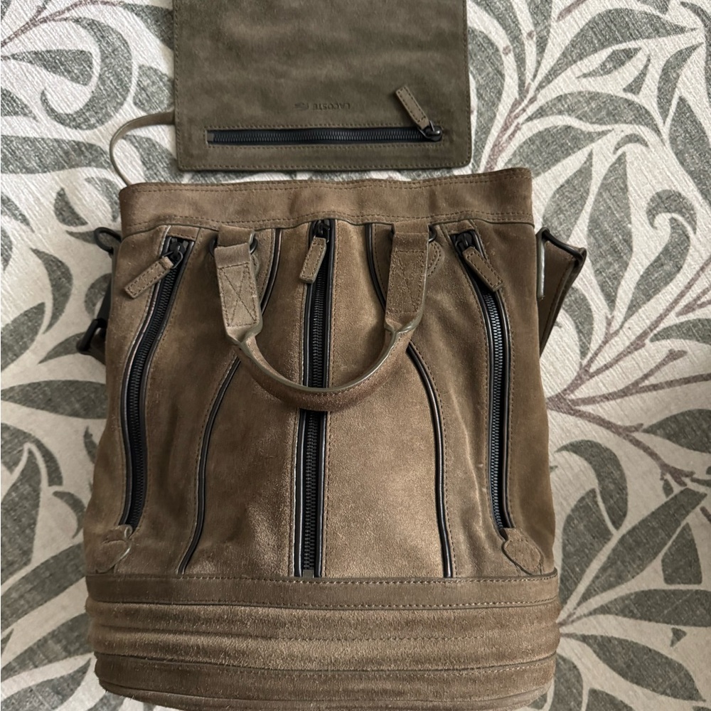 Green Suede Lacoste Shoulder Bag with Black Accents